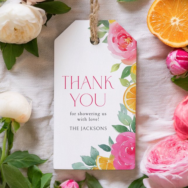Citrus Rosa Blommigt Baby Shower Presentetikett (Skapare uppladdad)