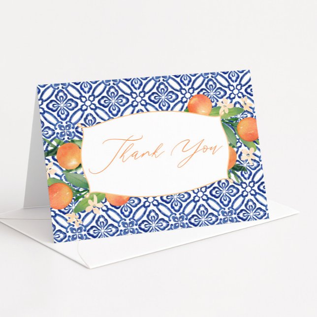 Citrus Sinensis Greenery Blue White Positano Tile Tack Kort (Positano watercolor oranges and blue tiles wedding shower thank you cards)