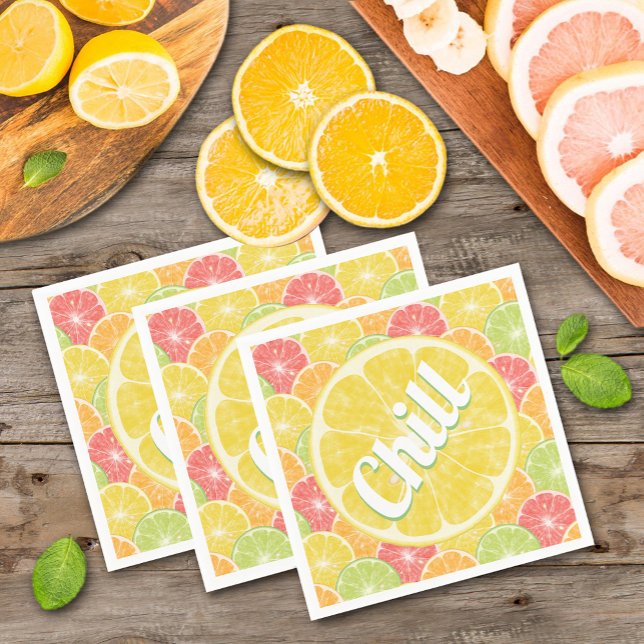 Citrus Slices Chill Party Pappersservett (Chill text on lemon, lime, orange and grapefruit citrus slices summer party napkins)