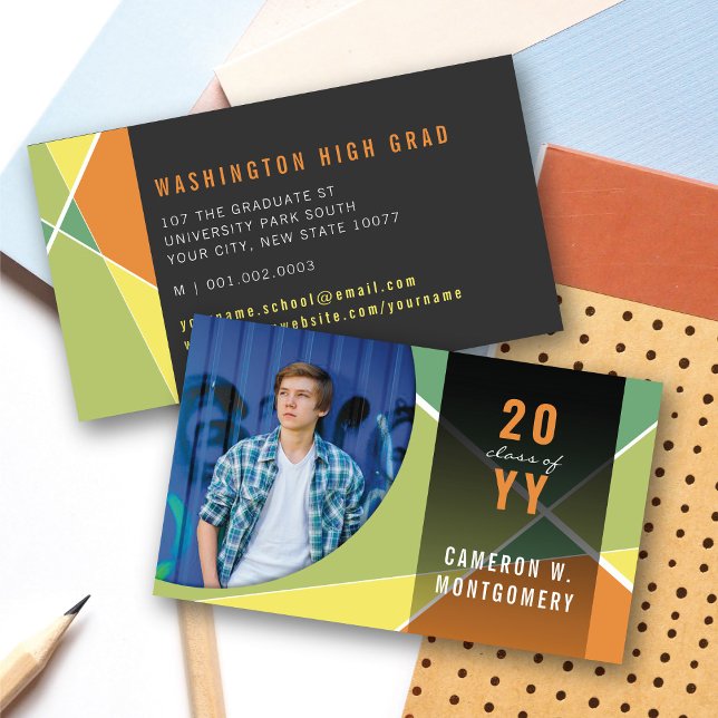 Citrus Snyggt Geometric Linjer Mod Photo Student (Citrus Stylish Geometric Criss Cross Photo Graduation Calling / Name Card @ zazzle.com/color_therapy)