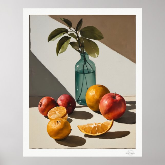 Citrus Stilleben med Glasflaska Affisch (Framsidan)