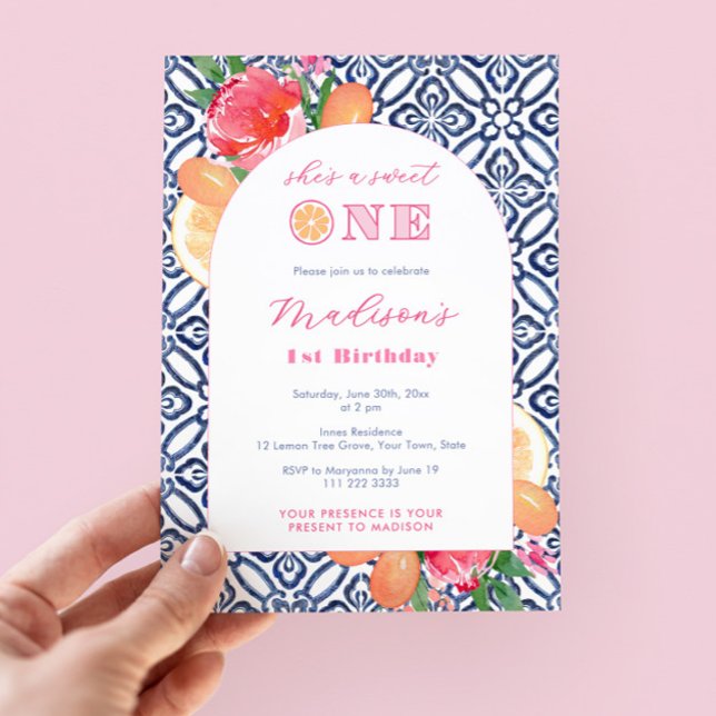 Citrus Sweet One Blue Tile 1st Birthday Party Inbjudningar (She's a sweet one 1st birthday party invitations with citrus, bold pink florals and blue tiles)