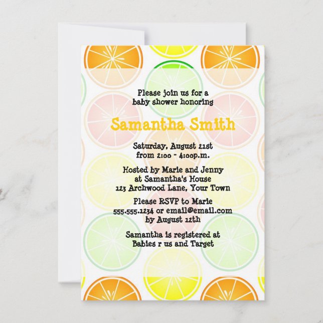 Citrus-tema inbjudan till baby shower (Framsida)