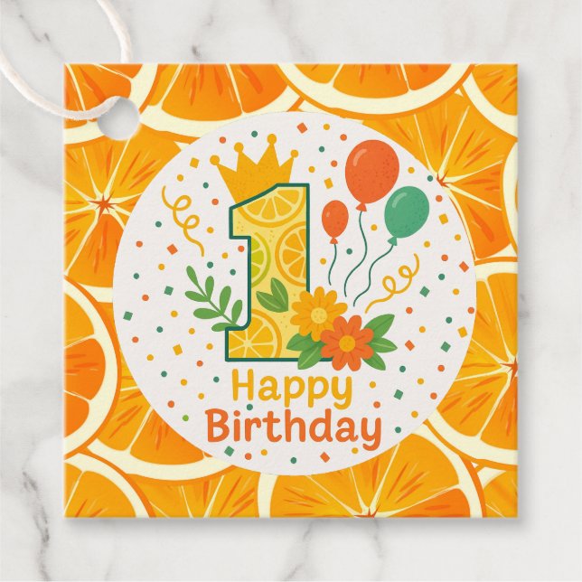 Citrus-Thated First Birthday Number "1" Party Gåvor Etiketter (Framsida)