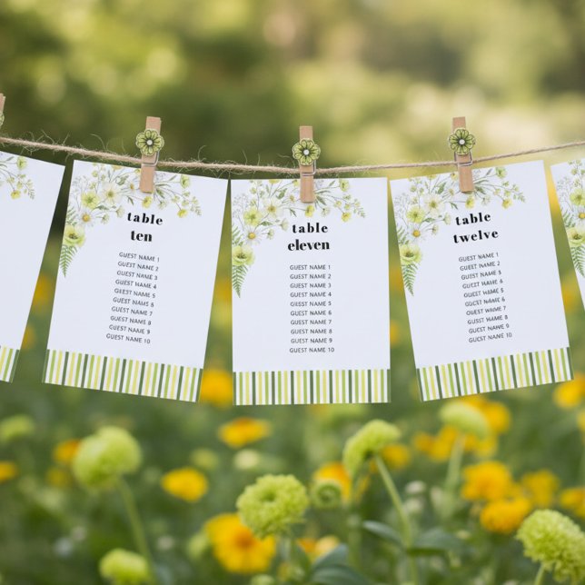 Citrus Vildblomma Bröllop Placeringsplan Bordskort (Seating Chart cards from the Citrus Green Wildflower wedding collection by Darling & May)