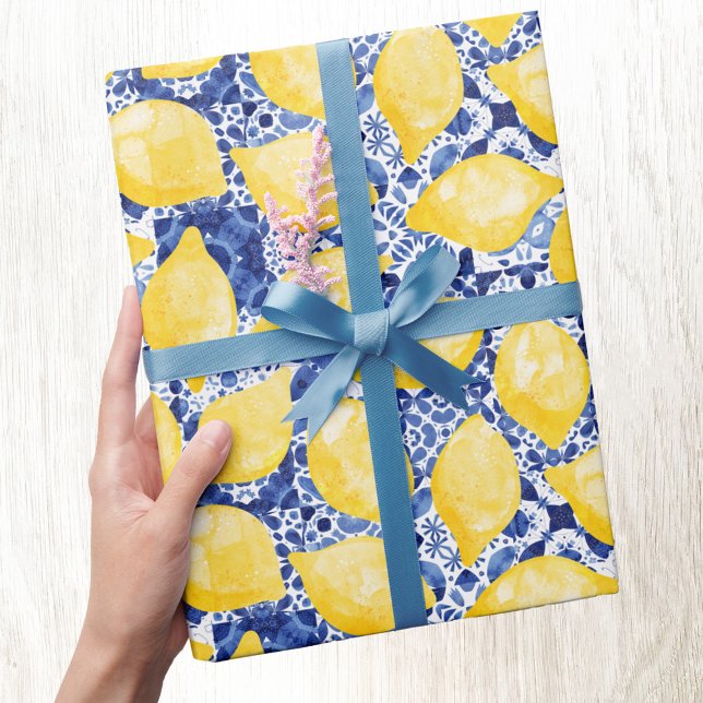 Citrus Watercolor Blue Mediterranean Tile Presentpapper (Watercolor lemons on a blue and white Mediterranean tile background patterned gift wrap paper roll)