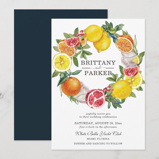 Citrus Watercolor Botanical Wandeand Bröllop Inbjudningar (Fram/baksida)