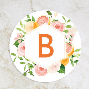 Citrus Watercolor Bröllop Monogram Kuvert Seal Runt Klistermärke