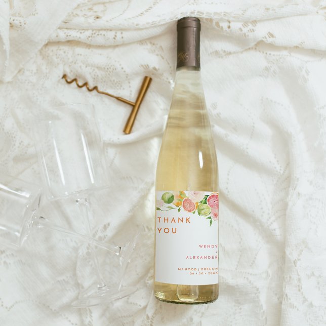Citrus Watercolor Bröllop Tack Vinflaska Etikett (Skapare uppladdad)