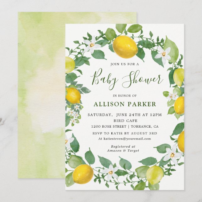 Citrus Watercolor Lemon Theter Baby Shower Inbjudningar (Fram/baksida)
