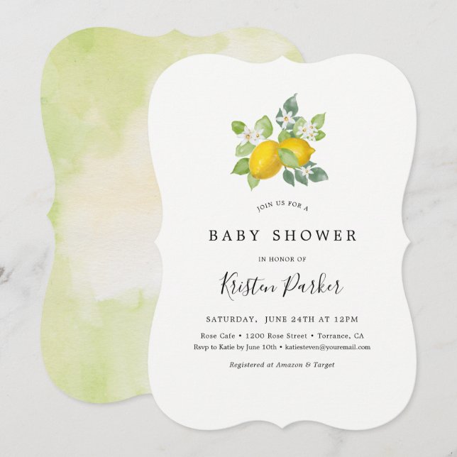 Citrus Watercolor Lemon Theter Baby Shower Inbjudningar (Fram/baksida)