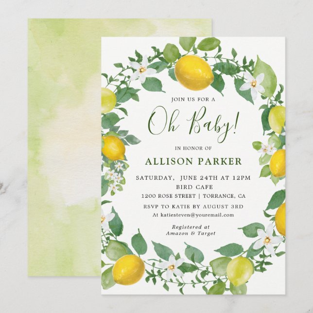 Citrus Watercolor Lemon Theter Baby Shower Inbjudningar (Fram/baksida)