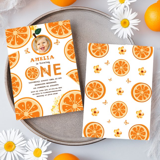 Citrus Watercolor Orange Baby 1:a födelsedagen Inbjudningar (Citrus Watercolor Orange Baby 1st Birthday Invitation)