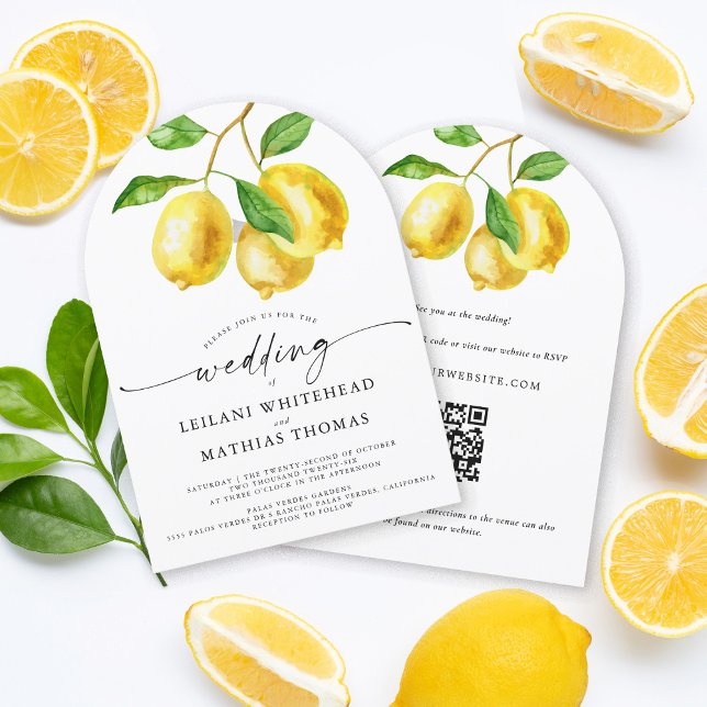 Citrus Watercolor QR-kod Bröllop Inbjudningar (Our Lemon Citrus Watercolor RSVP QR Code Wedding Invitation is the perfect way to simplify)