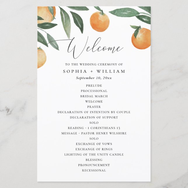 Citrus Wedding Program | Watercolor Garden Orange (Framsida)