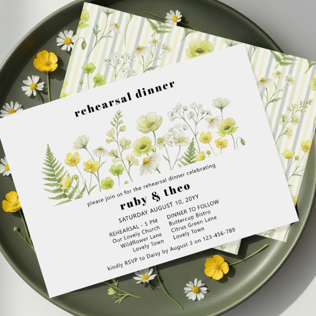 Citrus Wildflower Ghost Stripe Wedding Rehearsal Inbjudningar (Rehearsal Dinner Invitation - from Citrus Green Wildflower wedding collection by Darling & May)