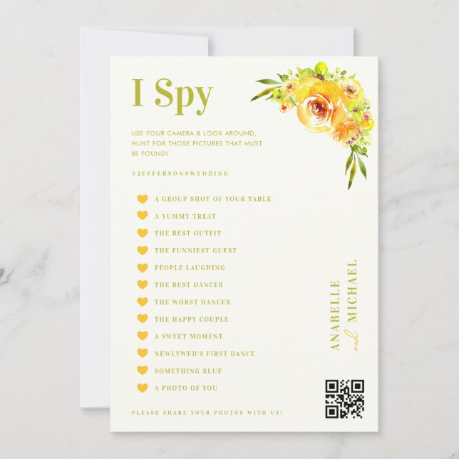 Citrus Yellow Floral Wedding I Spy Hunt Game Card Inbjudningar (Framsida)