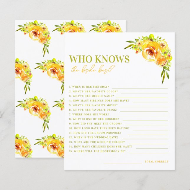 Citrus Yellow Floral Who Knows the Bride Best Game (Fram/baksida)