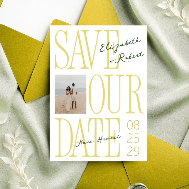 Citrus Yellow & Green Typography Stylish Wedding Spara Datumet (Skapare uppladdad)