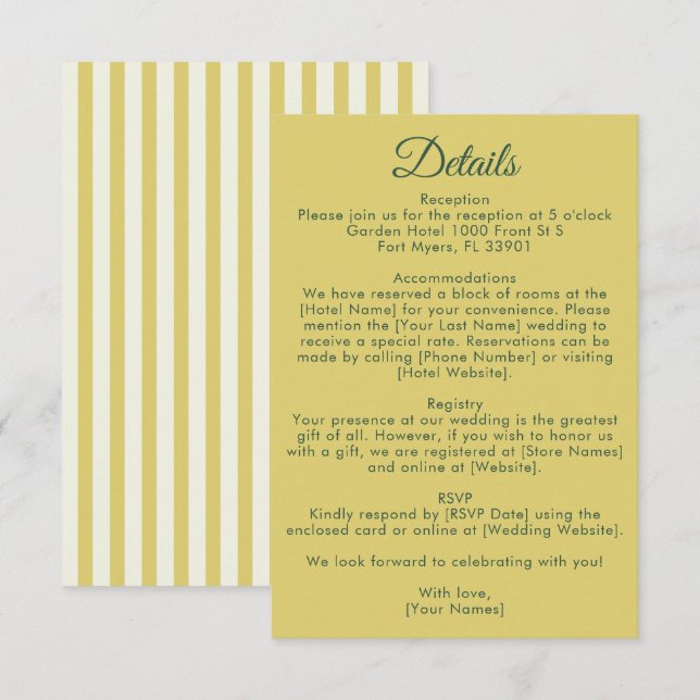 Citrus Yellow Olive Green and Ivory Wedding Detail Tilläggskort (Fram/baksida)