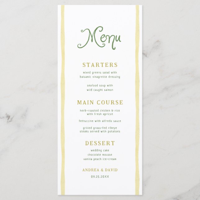 Citrus Yellow Stripe Coastal Beach Summer Wedding Meny (Framsida)