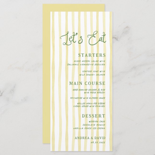 Citrus Yellow Stripe Handwriting Island Wedding Meny (Fram/baksida)