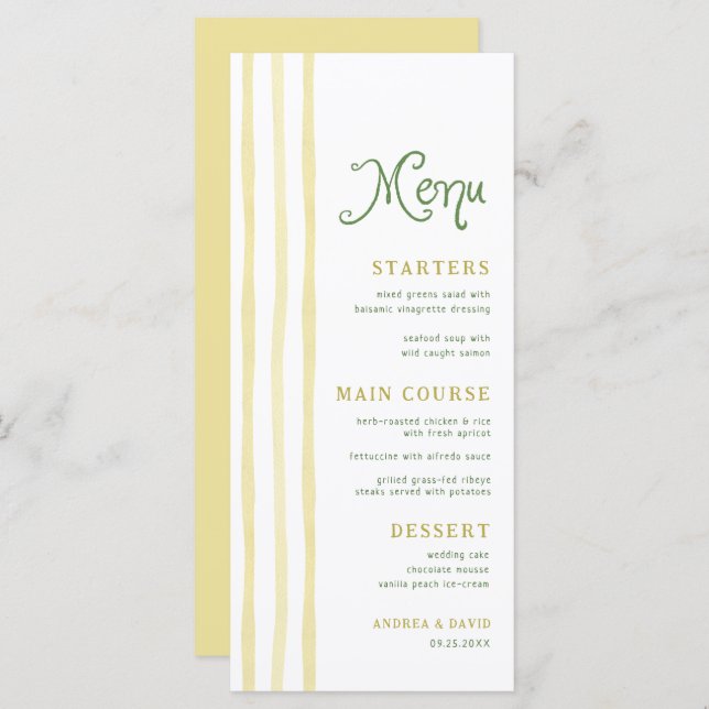 Citrus Yellow Stripe Handwriting Summer Wedding Meny (Fram/baksida)