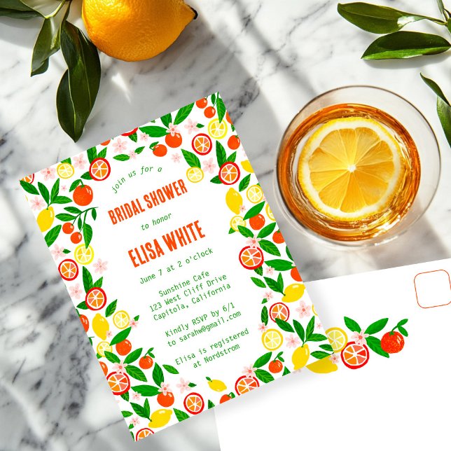 Citrusfirande BRUDSCHÄMPERSONAL sommar Inbjudan Vykort (Citrus Celebration CUSTOM Summer Hand-drawn BRIDAL SHOWER Party Invitation Postcard
)