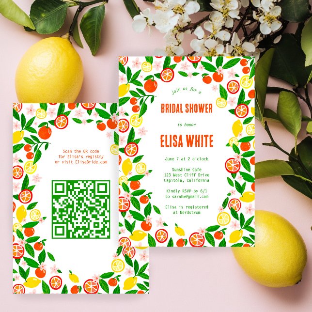 Citrusfirande CUSTOM QR Sommar BRÖLLUPSFEST Inbjudningar (Citrus Celebration CUSTOM QR Code Hand-drawn Summer BRIDAL SHOWER Invitation
)