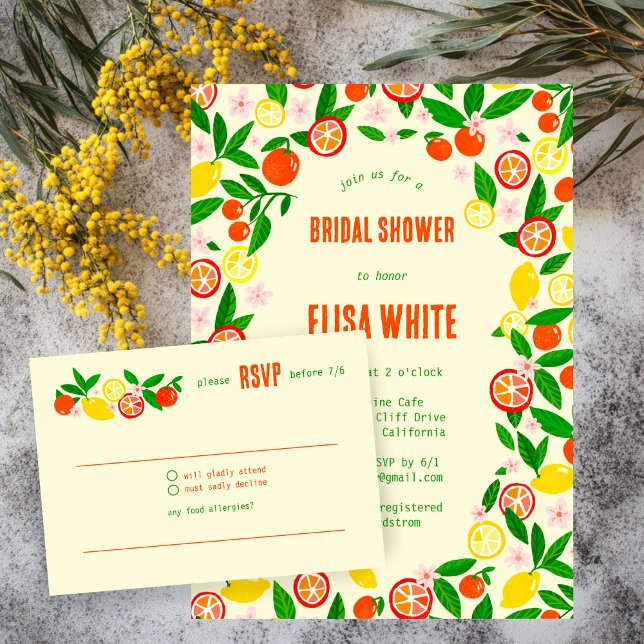 Citrusfirande CUSTOM Sommar BRYLLUPSDUSCHE OSA Kort (Citrus Celebration CUSTOM Hand-drawn Summer BRIDAL SHOWER RSVP Card
)