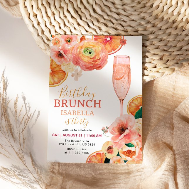 Citrusfrukt Rosa Champagne 30-års födelsedagsbrunc Inbjudningar (Citrus Fruit Pink Champagne 30th Birthday Brunch Invitation)