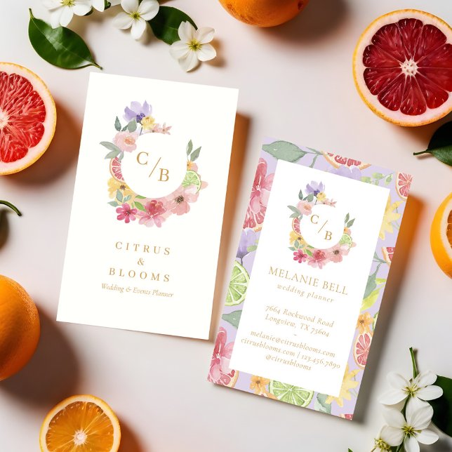 Citrusfrukt Trädgårds Akvarell Blommig Monogram Visitkort (Citrus Fruit Orchard Watercolor Floral Monogram Business Card (Front & Back))