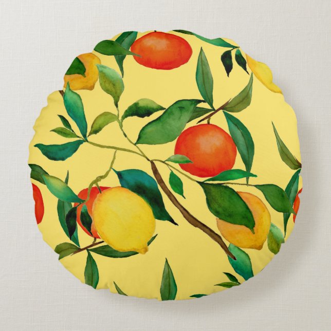Citrusfrukter, levande vattenfärg mönster. rund kudde (Framsidan)
