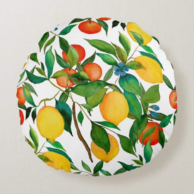 Citrusfrukter, levande vattenfärg mönster. rund kudde (Framsidan)