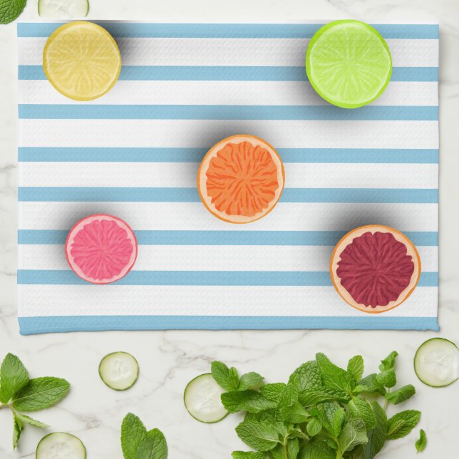 Citrusfrukter på Baby blue Rand Mönster Kökshandduk (Vikta)