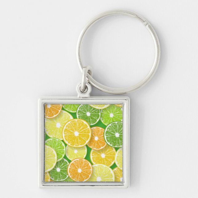 Citrusfruktskivor art. 3 fyrkantig silverfärgad nyckelring (Framsidan)