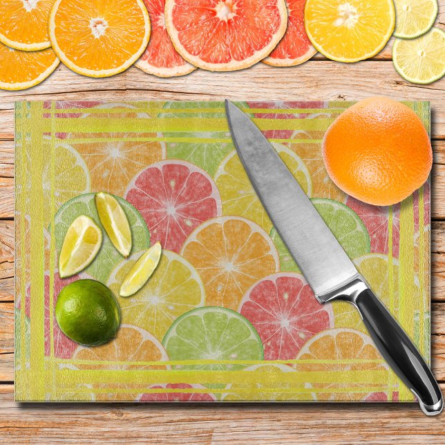 Citrusskivor och Rand (Citrus Fruit Slices and Stripes Glass Cutting Board)