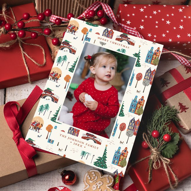 City Amsterdam Hus Jul Modern Julkort (City Amsterdam Houses Christmas Modern Holiday Card)