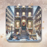City Brownstone vid jul Fyrkantigt Klistermärke<br><div class="desc">Julklistermärken. Ett exempel på en lägenhet i staden Brownstone mitten i staden.</div>