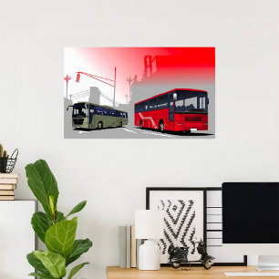 City Buss Red Grönt Coacher på Urban Street Poster