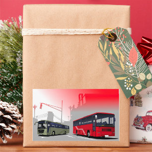 City Buss Red Grönt Coacher på Urban Street Rektangulärt Klistermärke