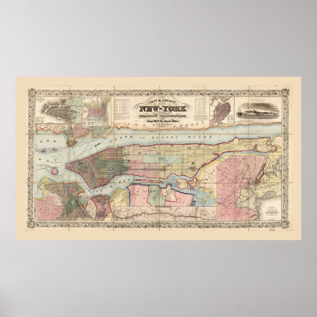 City & County Karta i New York (1857) Poster (Framsidan)