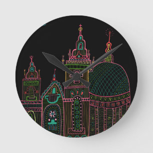 City Glow Bright Neon på Black  Rund Klocka