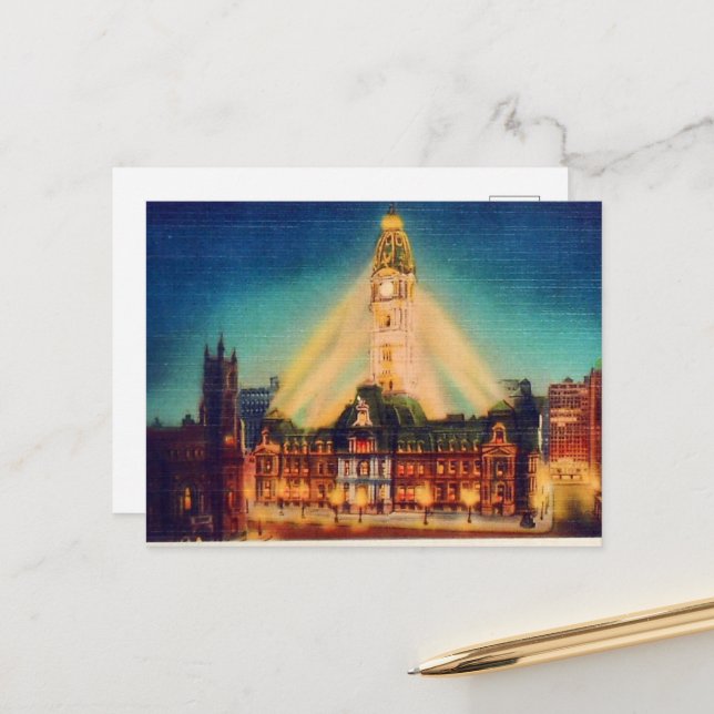 City Hall night bild Helg Vykort (Fram/Back In Situ)