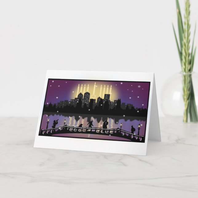 City Night Skyline Hanukkah Menorah Greeting Card Helgkort (Framsida)