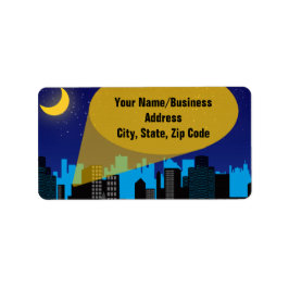 City Night Skyline Superhjälte Boys Födelsedagsfes Adressetikett