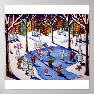 City NYC Ice Skating Roligt Winter Folk Art Skriv  Poster