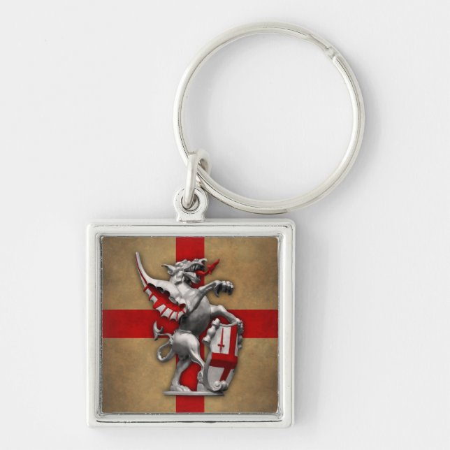 City of London Dragon Square Keychain Fyrkantig Silverfärgad Nyckelring (Framsidan)