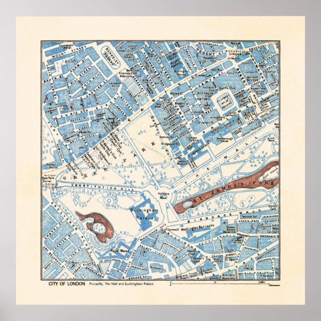 City of London Karta - Piccadilly, Buckingham Pala Poster (Framsidan)