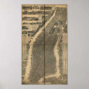City of New York 1879 Antique Panoramic Karta Poster
